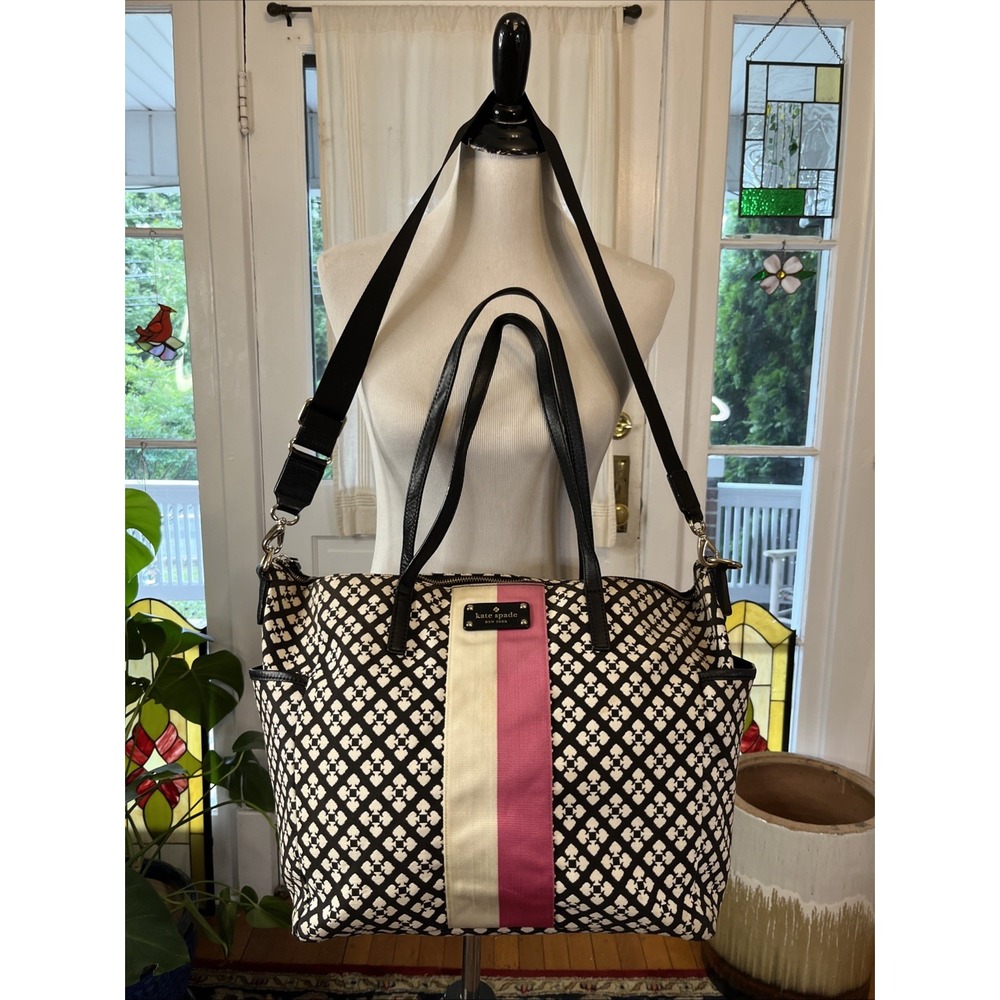Kate Spade Adaria Large Purse Hobo Canvas Pink & Black Stripe Diaper Bag Classic
